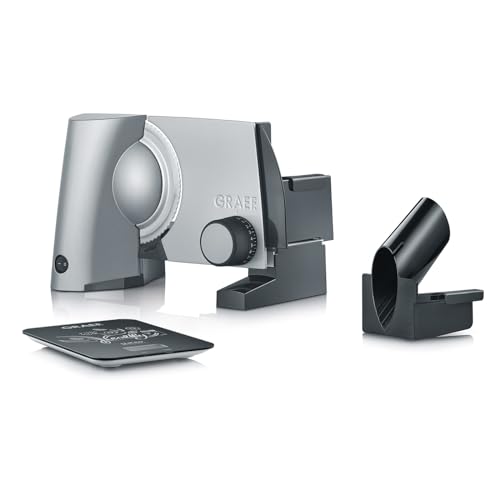 GRAEF Trancheuse polyvalente SKS 300 argent avec balance de cuisine et embout MiniSlice Ø 170 mm Lame dentelée en acier inoxydable 170 W Moteur Eco Power Motion