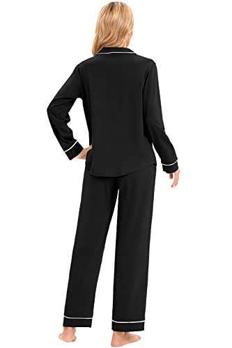 Lubot Women's Pajamas Set Cotton Pj Set For Women Long Sleeve Button-Down Shirt Pj Pants Two-Piece Set Warm Night Suit Sleepwear Loungewear (Black, M) #TOP5