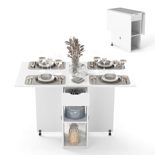 Giantex Mesa De Comedor Plegable, Mesa De Cocina Móvil Con 2 Ruedas Universales, Con 1 Cajón Y 2 Estantes, Mesa De Madera Con Tablero Extensible, Para Comedor, Salón, Dormitorio Blanco