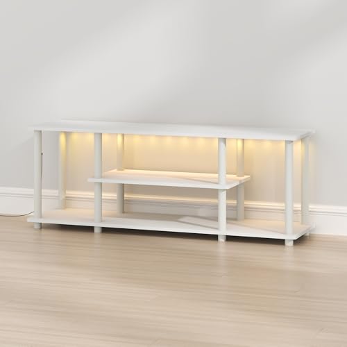Image of Furinno Turn-N-Tube 3-Tier No Tools TV Stand with LED Lights, White | for TV up to 50 Inch, Open Frame Entertainment Center, TV Console for Living Room, Bedroom