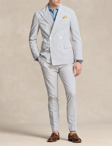 Men's Seersucker Suit 2 Piece Double Breasted Suits for Men Slim Fit Beach Wedding Striped Summer Casual Suit3