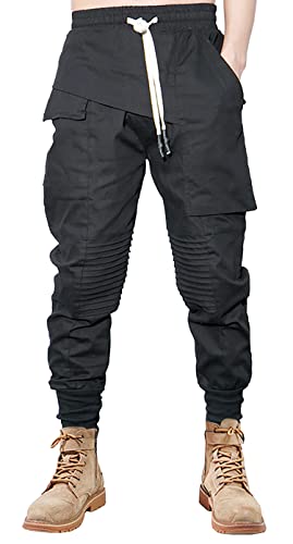 MOKEWEN Men's Ribbon Casual Straps Pocket Harem Pants Drawstring Elastic Waist