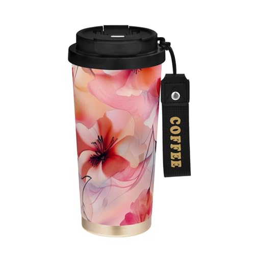 Selerdon 17 oz Insulated Coffee Mug Floral Pinks with Straw and Leak Proof Lid Double Wall Water Bottle Stainless Steel Vacuum Thermal Travel Drinking Cup for Hot/Cold Drink