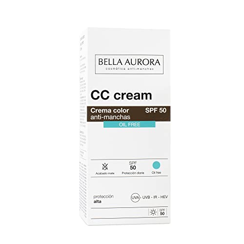 BELLA AURORA - CC Cream Antimanchas Oil Control SPF50+ 30 ml, Protector Solar Antimanchas, Crema Color Antimanchas, para Pieles con Brillo o Mixtas-Grasas, Crema Solar Facial, Textura Ultraligera