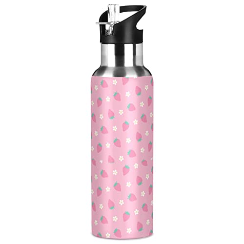 ZZKKO Water Bottle with Straw Strawberries Flowers Stainless Steel Iron Flask Capsule Water Bottle Daily Water Intake Bottle Thermos Cups No Spill for Hiking & Biking 32OZ/1000ML