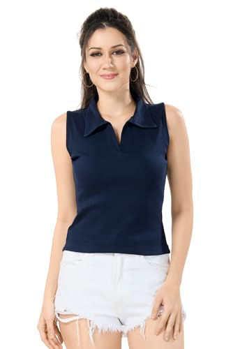 Image of TRASA Women's Sleeveless Rib Knitted Cotton Racer Back Tank Tops Collared Neck Crop Tank Tops - Available Sizes -XS, S, M,L,XL,2XL