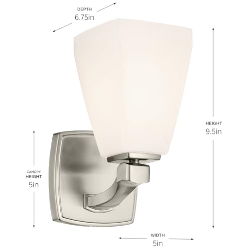 Image of Kichler Marant 5 inch 1-Light Wall Sconce Bathroom Light Fixture with Opal Glass in Brushed Nickel for Bathroom, Powder Room, Hallway, Fireplace (5 inch W x 9.5 inch H), 55214NI