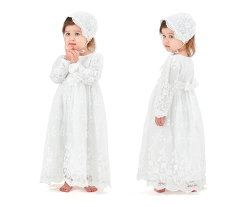 MOMOHAUS - Vestido Bautizo Niña | Vestido Blanco Niña con Gorro de Bautizo | de Tul con Encaje Floral y Lazada en la Espalda | de Estilo Boho (6-12 meses, Blanco)