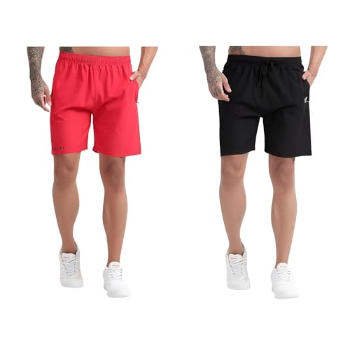 Image of BLUE STAR SHARK Athletic Sports Shorts for Men with Zip Pockets and Elastic Waistband Quick Dry Lightweight Activewear Combo - Pack of 2