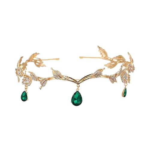 Diadème Elfique de Mariage, Couronne Princesse avec Strass Verts, Rétro Feuille Bijoux de Tete Accessoire Cheveux pour Mariée, Fantaisie et Elégants Bijoux...