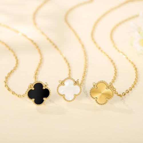 Image of Real 18K Gold Plated Necklaces for Women (Double Sided) Dainty Pendant Necklace Set (High Tarnish & Water Resistant) Trendy Four Leaf Cute Lucky Clover Jewelry Gifts for Women, Black White Gold