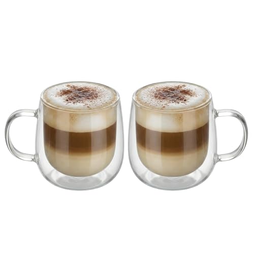 BEoneBEwin 10oz Double Walled Glass Coffee Mugs Set of 2, Clear Insulated Mug for Cappuccino, Latte, Borosilicate Glass Cup, Heat & Cold Resistant Glasses
