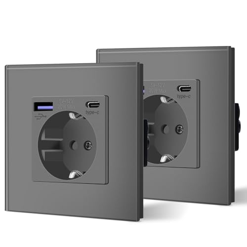 BSEED Gniazdko wtykowe 20 W USB i typ C szybka ładowarka szkło 3 w 1, podtynkowe gniazdko ścienne, moc ładowania, szare, 2 sztuki