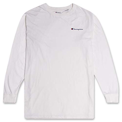 Champion Mens Big and Tall Long Sleeve T Shirt with Script Logo on Arm White