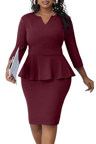 Image of Runwind Plus Size Dresses for Curvy Women, Work Church Professional Office Vintage Peplum Pencil Dress V Neck 3 /4 Sleeve