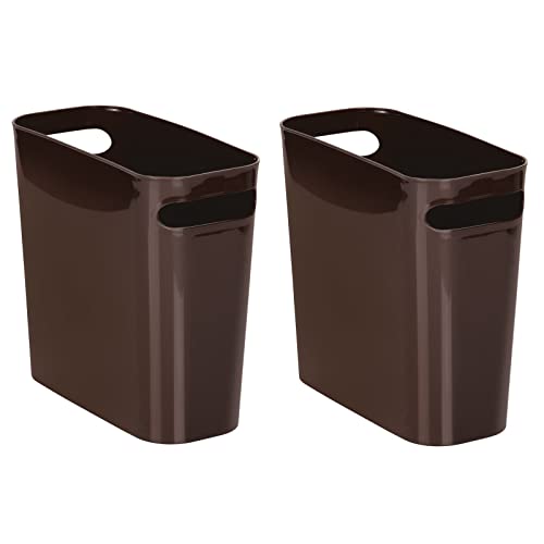 mDesign Slim Plastic Rectangular Small Trash Can Wastebasket, Garbage Container Bin with Handles for Bathroom, Kitchen, Home Office, Dorm, Kids Room - 10 High, Shatter-Resistant - 2 Pack - Dark Brown