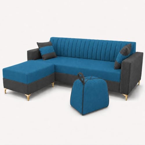 Image of FURNY Signature Regalia 4-Seater L-Shape Sofa Set with Movable Ottoman & Suri Pouf | Flexible LHS /RHS Layout | Boston Fabric | 40D Foam + Zigzag Spring | 3-Yr Warranty (Steel Grey - Sea Blue)