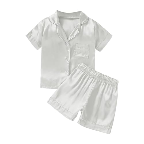 Kids Boys Girls Satin 𝐏a𝐣amas Toddler Solid Button Down Short Sleeve with Shorts 𝐒lee𝐩wear 2PCS Summer 𝐍𝐢ghtwear 𝐏𝐣s