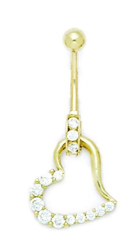 14K Yellow Gold Cz Cubic Zirconia Simulated Diamond 14 Gauge Dangling Love Heart Body Jewelry Belly Ring Measures 36X16Mm Jewelry Gifts For Women #TOP11