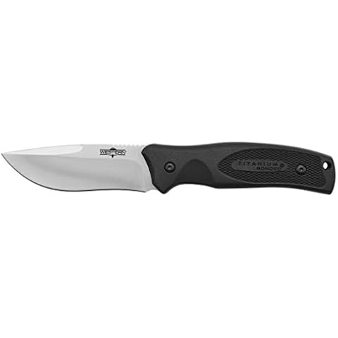Camillus Western Black River Fixed Blade Knife, 3.75" / 9.5 cm Titanium Bonded 420 Blade, PP/TPR Handle, Black/Silver, 9" / 22.9 cm Cover