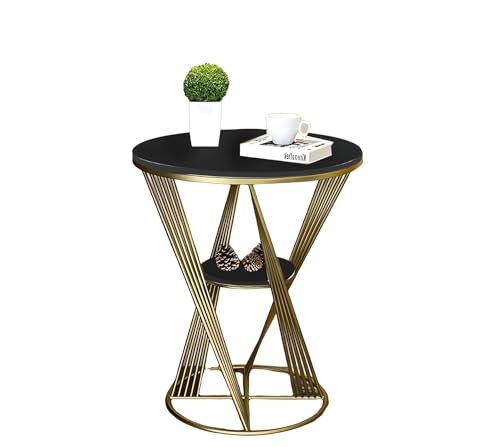 Image of Nutech Decor Luxury Round Metal Coffee Table, Side Table, Bedside End Table, 2 Tier Table, Living Room Nightstand Sofa Table Bedside Table Cross Gold Top Marble (Black)