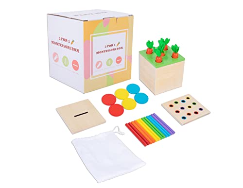 Wooden Montessori Toys for 1 2 3 Year Old Baby Gifts,Play Kit Box Includes Carrot Harvest Games, Montessori Coin Box for 6-12 Months and Fine Motor Skills Toys for 1 Year Old (3-in-1)