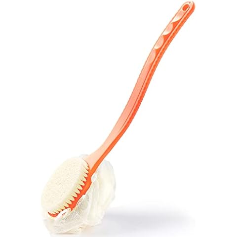 Shower Body Brush with Bristles and Loofah,Back Scrubber Bath Mesh Sponge with Curved Long Handle for Skin Exfoliating Bath, Massage Bristles Suitable for Wet or Dry, Men and Women(Orange) Cover