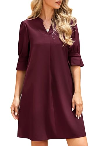Enmain Blusenkleid Damen Elegant Casual Sommerkleid V-Ausschnitt mit Rüschen Festliches Kurzarm Rot Tunika Kleider für A...