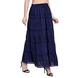 Doorwaytofashion Women Cotton Maxi Full Length Skirt Embroidered Boho Casual Festival Summer UK 10,12,14,16,18 Navy Blue