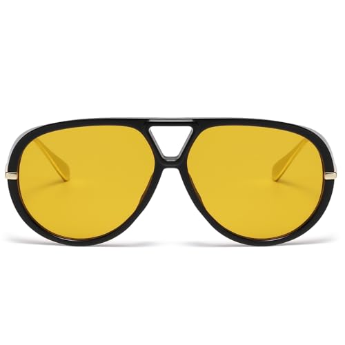 LASPOR Trendy Oversized Aviator Sunglasses for Women Men Large Vintage Shades (Black Frame/Yellow Lens)