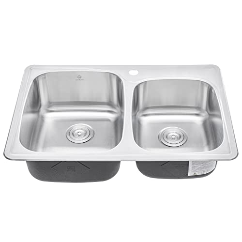 Cozyblock 33 X 22 X 9 Inch 60/40 Offset Top-Mount/Drop-In Stainless Steel Double Bowl Kitchen Sink With Strainer And Silicon Dishrack - 18 Gauge Stainless Steel-1 Faucet Hole #TOP3