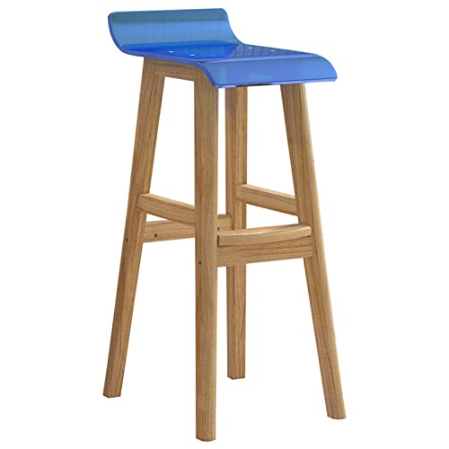 Moderno taburete de bar de madera maciza con respaldo, cojín acrílico y reposapiés, 70 cm, color azul, para isla de cocina y restaurante, sillas de bar elegantes y cómodas