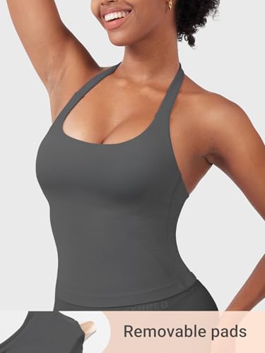 Image of YEOREO SoftHue Women's Impact Halter Tank Top Longline Backless Scoop Neck Built-in Bra Sports Workout Gym Crop Top