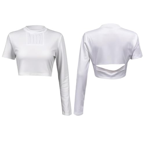 DAZCOS Women's Crop Tank Top White Asymmetric Long Sleeve Cutout Back Slim Short Sleeve Vest Adult Tee Shirt for Halloween3