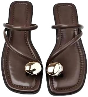 Women'S Leather Strappy Flat Metal Toe Ring Sandals Fashionable Square Open Toe Low Block Heel Slip-On Clip Toe Slide Sandals Casual Summer Beach Slipper