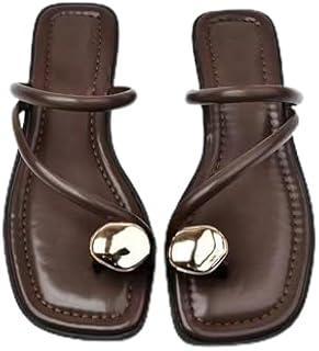 Women'S Leather Strappy Flat Metal Toe Ring Sandals Fashionable Square Open Toe Low Block Heel Slip-On Clip Toe Slide Sandals Casual Summer Beach Slipper