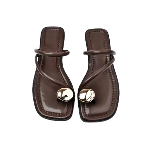 Women'S Leather Strappy Flat Metal Toe Ring Sandals Fashionable Square Open Toe Low Block Heel Slip-On Clip Toe Slide Sandals Casual Summer Beach Slipper