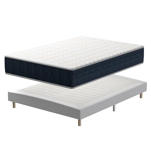 TEENO Mémoire Ensemble Composè, Matelas en Mousse 140x190x32 cm+Sommier tapissier volige,9 Pieds Inclus,Ensemble Matelas et sommier