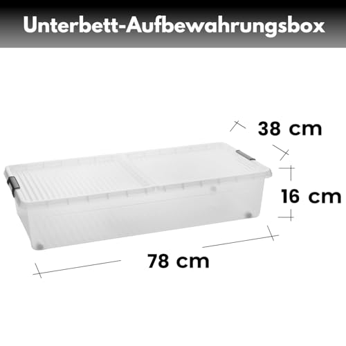 LIVINJA Unterbettbox mit Rollen, 2er Set Unterbett Aufbewahrungsbox, 78 x 38 x 16 cm (32 Liter) - Geteilter Deckel, Clip-Verschlüsse, Transparent, Hergestellt in der EU