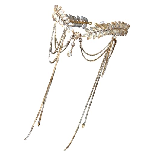 Diadema de novia dorada con cristales y diseño de hojas para tocado de boda elegante