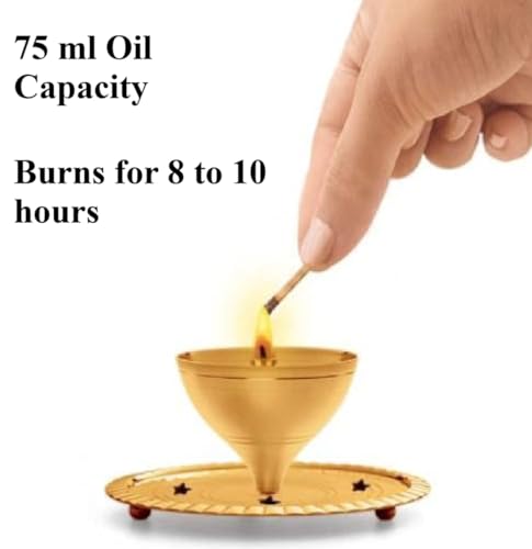 Ein Sof 8 inches Akhand Diya Decorative Brass & Glass Oil Lamp Tea Light Holder Lantern , Cylinder Shaped Diya Lantern (Gold and White)