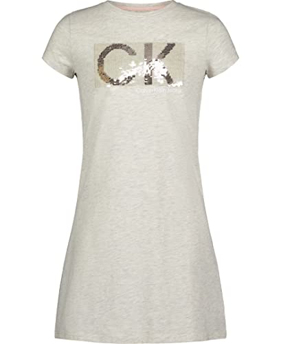 Calvin Klein Girls' Short Sleeve T-Shirt Dress, Pullover Style With Crew-Neck Neckline, Logo Detailing, Putty Beige Sequins, 12-14 #TOP1