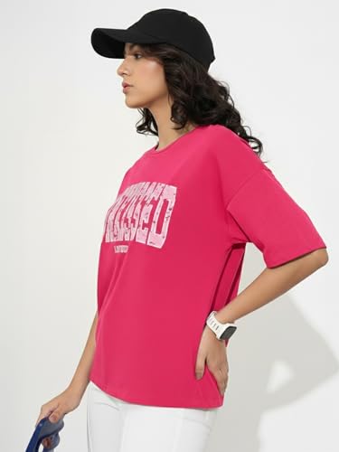 Image of LEOTUDE Half Sleeve Cottonblend Oversized Tshirt for Women, Round Neck Longline Printed Raglan Sleeve Colourblocked Drop Shoulder Baggie T-Shirt Top for Woman (Color Pink)