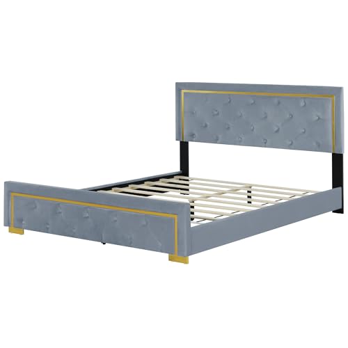 LOPOO Queen Size Upholstered Platform Bed with Plush Tufted Headboard and Sturdy Metal Frame, Velvet Finish, Ideal for Modern Bedrooms, Easy Assembly, Elegant Design, Gray