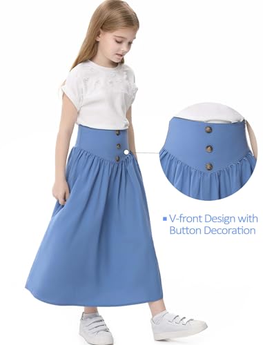 Image of Girl Maxi Skirt Elastic High Waist A-Line Long Skirt Smocked Waistband with Drawstring and Pockets 3-12 Years