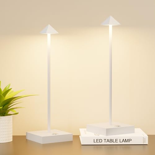 Aipsun 2 PCS Lampada da Tavolo Senza Fili Ricaricabile da Comodino o Scrivania con Presa USB, Lampada da Tavolo in Metallo, Dimmer Touch Cordless Lampada per Camera, Ristoranti, Ufficio, Bar(Bianco)