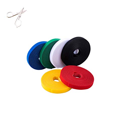 Reusable mulitcolor nylon cable tie, power cord management storage tape, hook-and-loop double-sided nylon power cord management tie (6 rolls x 10 feet, 0.6 inch width) + scissors