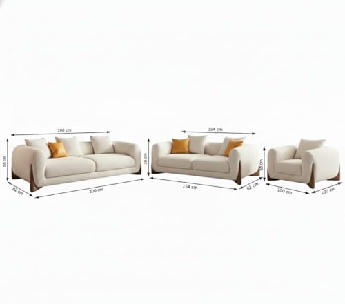 Image of Modern Sofa Chesterfield Design with Stylish Wooden Legs Bouncy Teddy Fabric Off-White Finish Sofa for Living Room, Bedroom, Hallways (3+2+1 Seater)