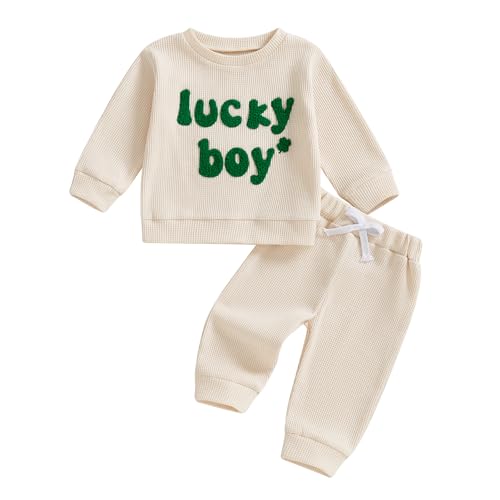 Lesimsam Toddler Baby Boy St Patricks Day Outfit Letter Embroidery Long Sleeve Waffle Knit Sweatshirt and Pants Set (A-Apricot 6-12 Months)