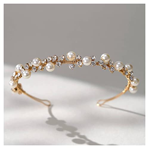 Sweetv Gold Wedding Headband Pearl Tiara For Women Crystal Bridal Headpieces For Wedding Hair Accessories Bride Hairband #TOP28